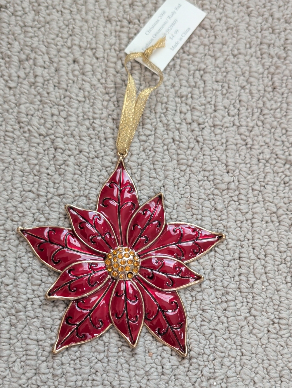 Source Unknown Red Poinsettia Ornament with Gold Accents